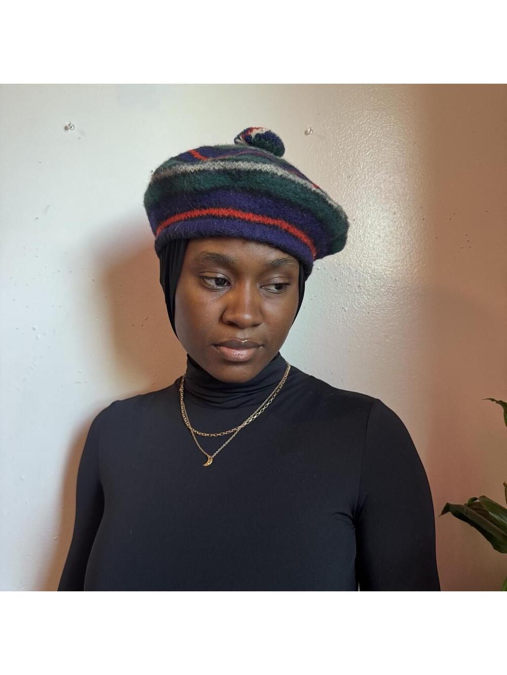 70s Striped Wool Knit Beret Hat with Pom Pom 26"/ One size